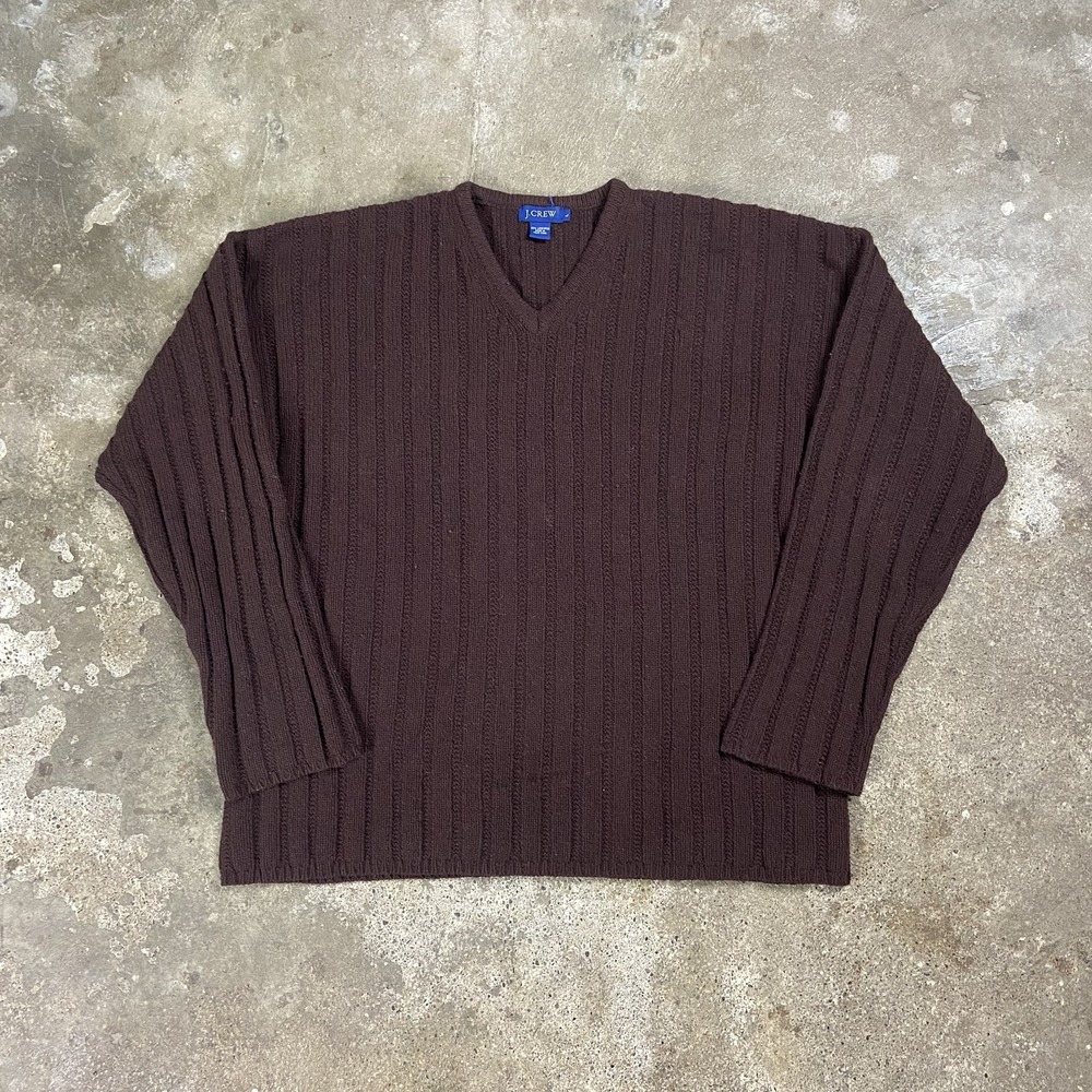 Vintage 90s J.Crew Sweater Size Large Brown Ribbed Knit VNeck Pullover Lambswool